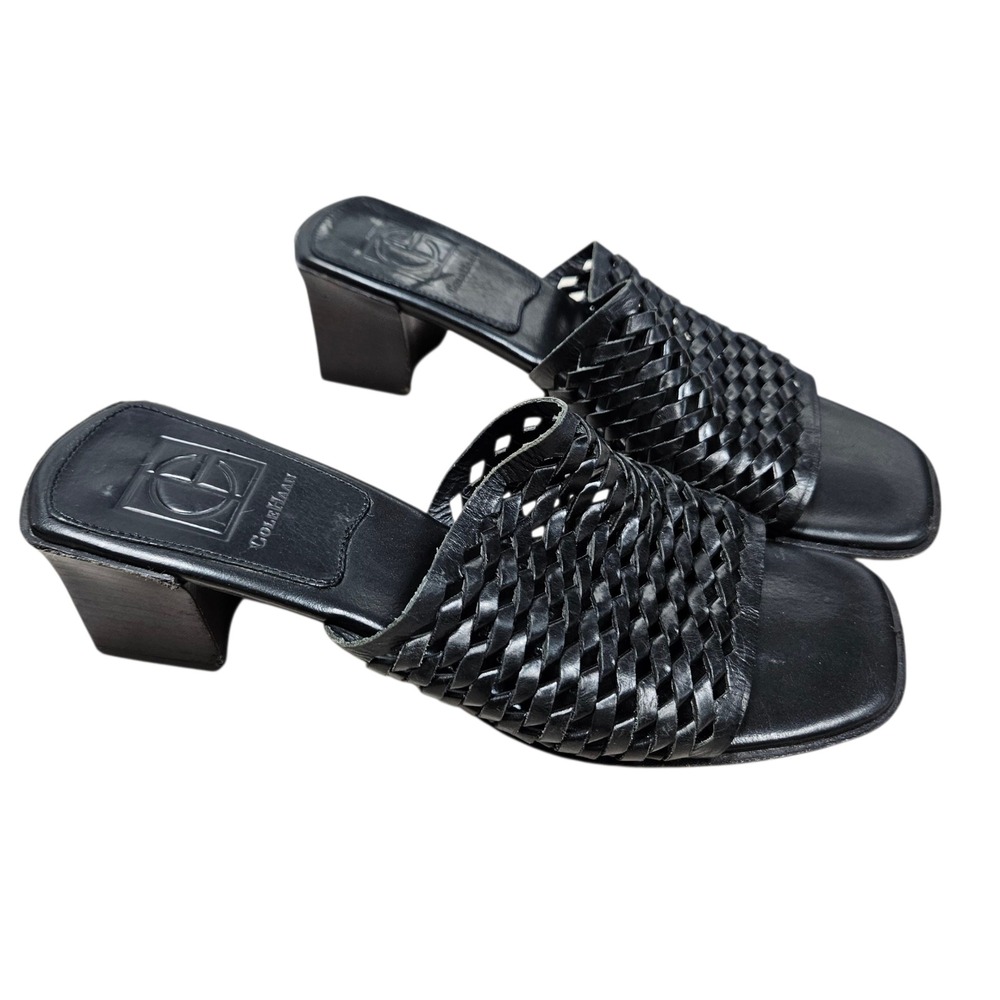 Cole Haan Woven Leather Mules Block Heel Slides Black Size 6B - Picture 1 of 12